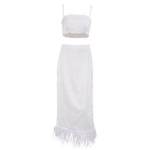 White suspender feather skirt, summer thin fashion set, solid color sexy niche